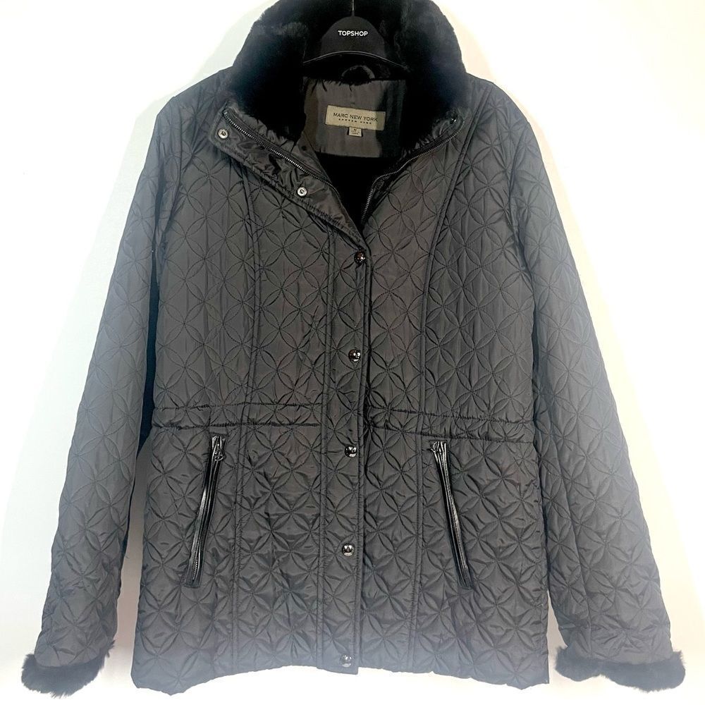 Marc New York Andrew Marc Faux Fur Trim Charcoal Black Warm Quilted Coat Women M
